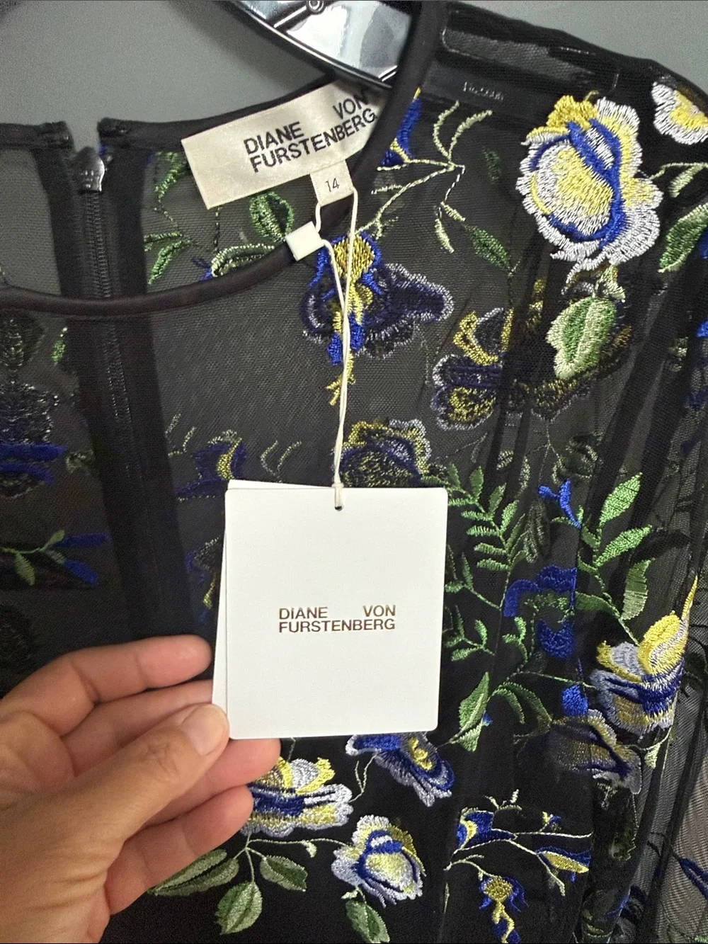 Floral Embroidered Black Mesh Dress - Blue & Green Accents
